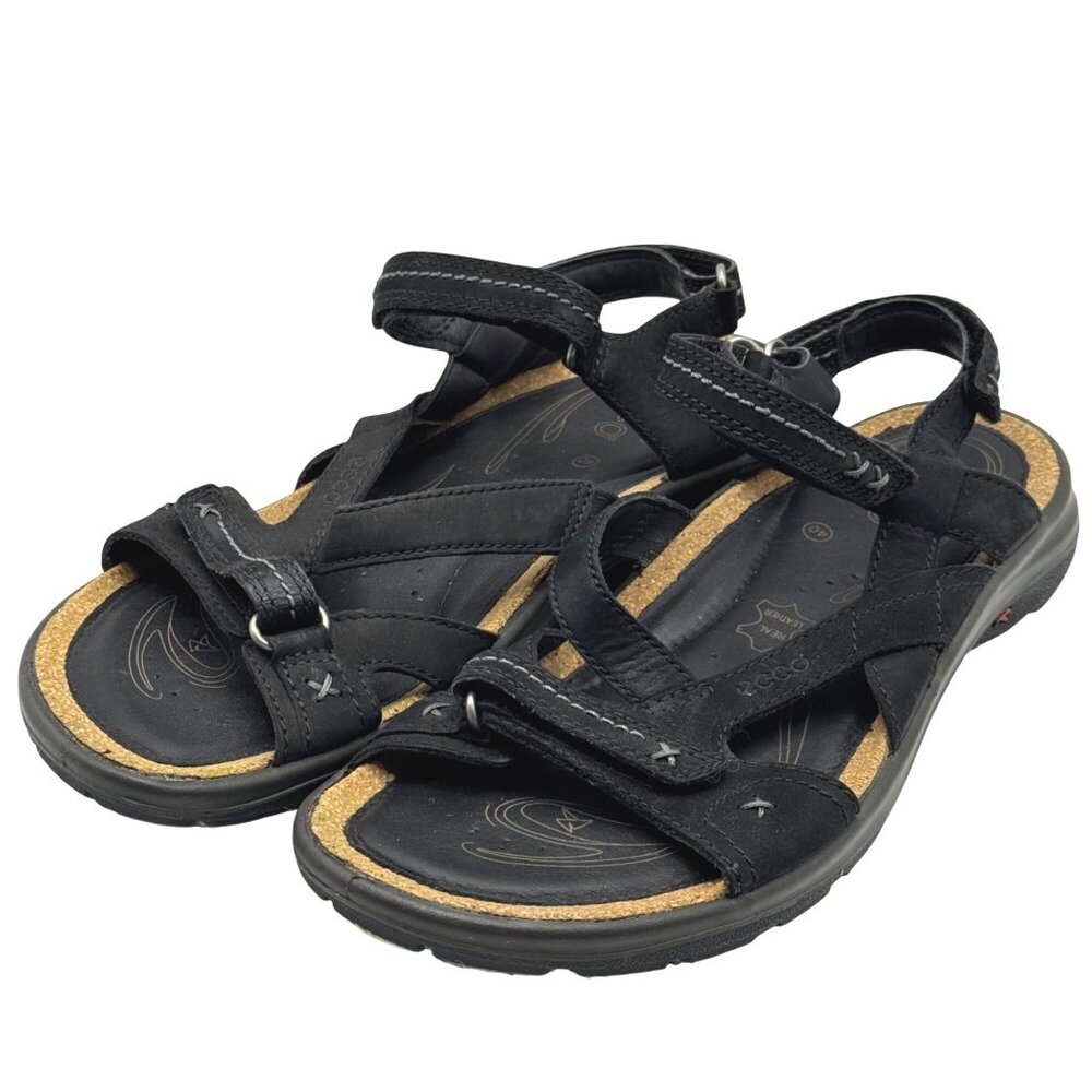 Ecco Black Leather Sandals Womens EU 40/US 9-9.5 Cork Hook Loop Outdoor Comfort - Picture 3 of 15